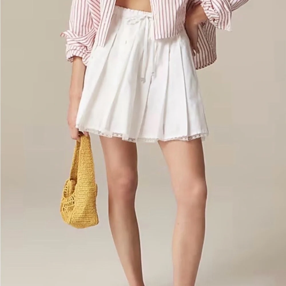 J.Crew Pleated Mini Skirt NWT White Cotton Pleated Elastic Waist Lace Trim L
